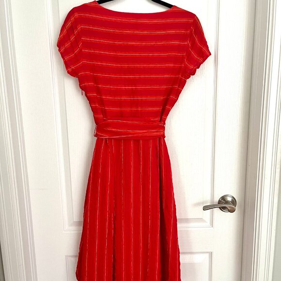 Tristan Red Striped Faux Wrap Cotton Blend V Neck Dress with Tie Belt Cap Sleeve - Picture 8 of 15
